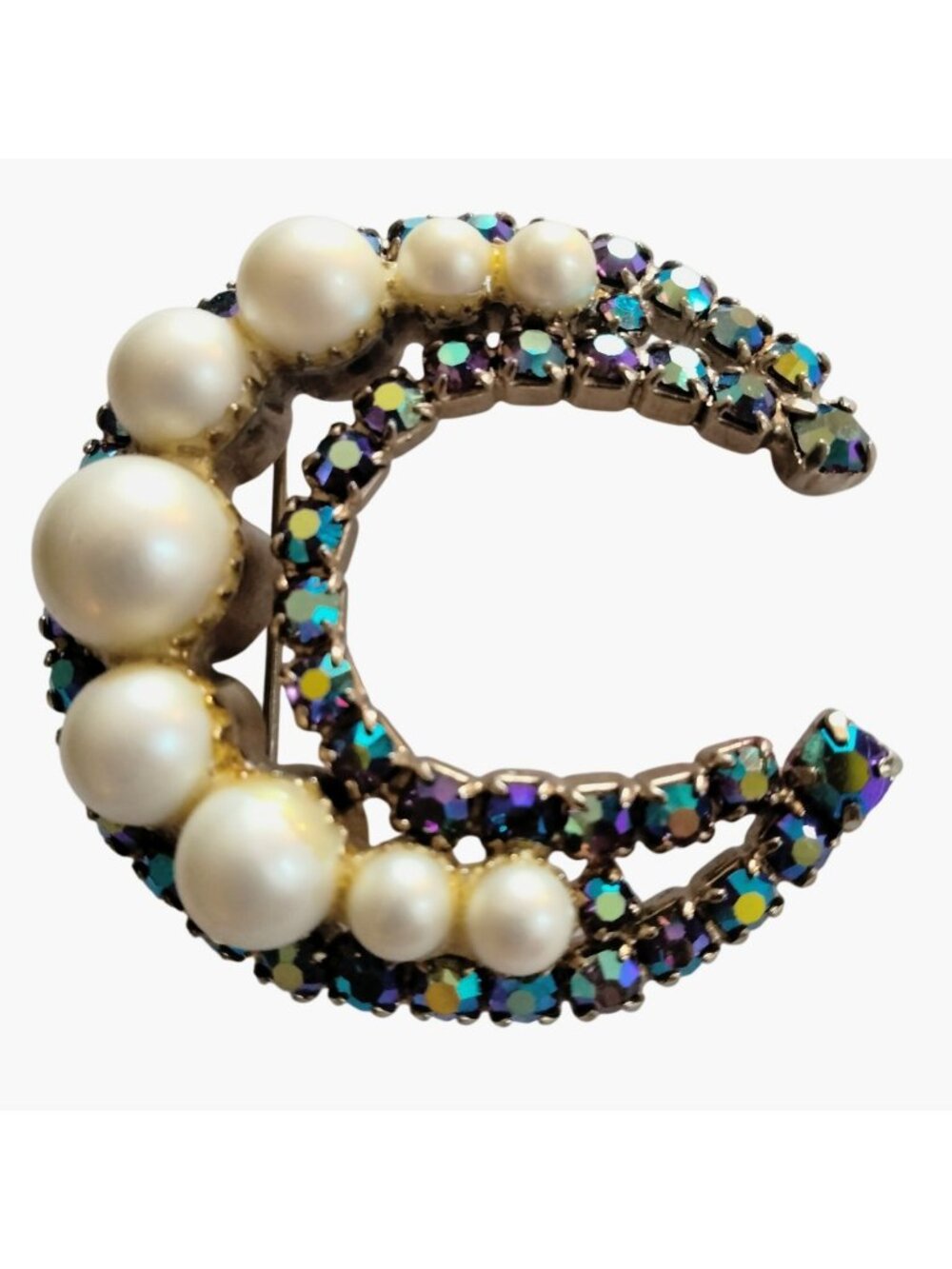 Faux Pearl Crescent Brooch Aurora Borealis Vintage Rhinestone Elegant Wedding